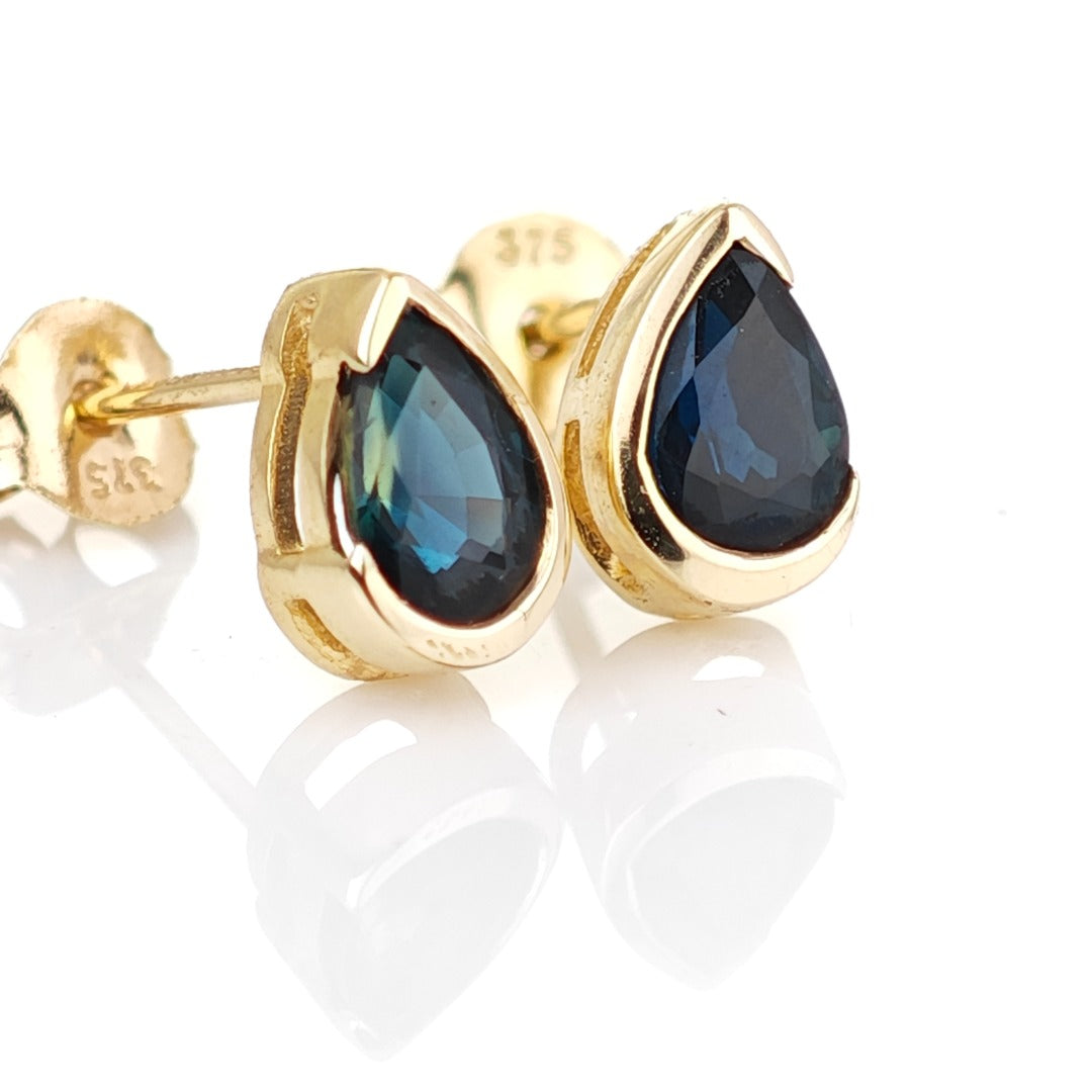 9ct Yellow Gold Sapphire Earrings Natural Vivid Blue Gemstone Studs Handmade
