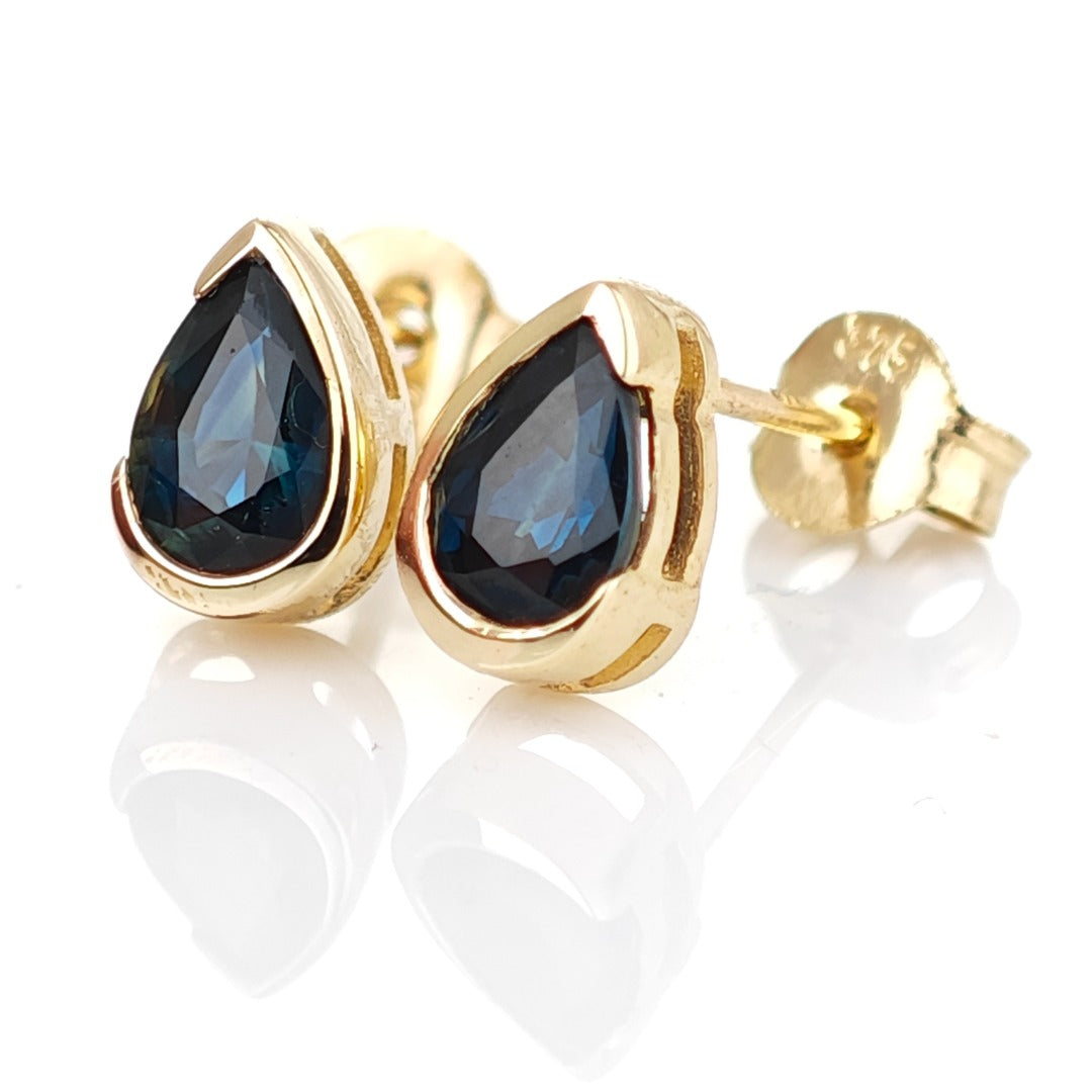 9ct Yellow Gold Sapphire Earrings Natural Vivid Blue Gemstone Studs Handmade