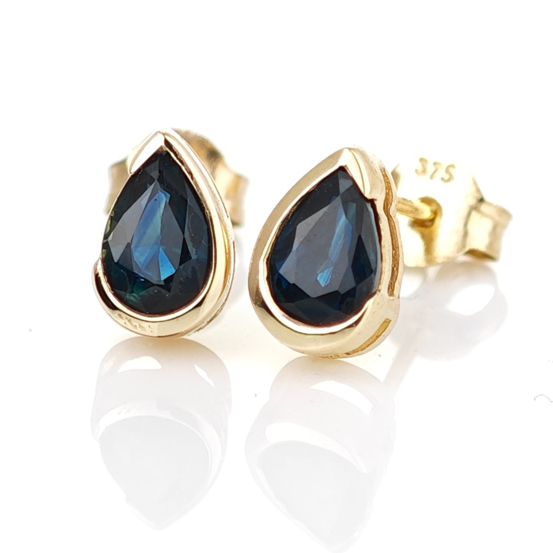 9ct Yellow Gold Sapphire Earrings Natural Vivid Blue Gemstone Studs Handmade