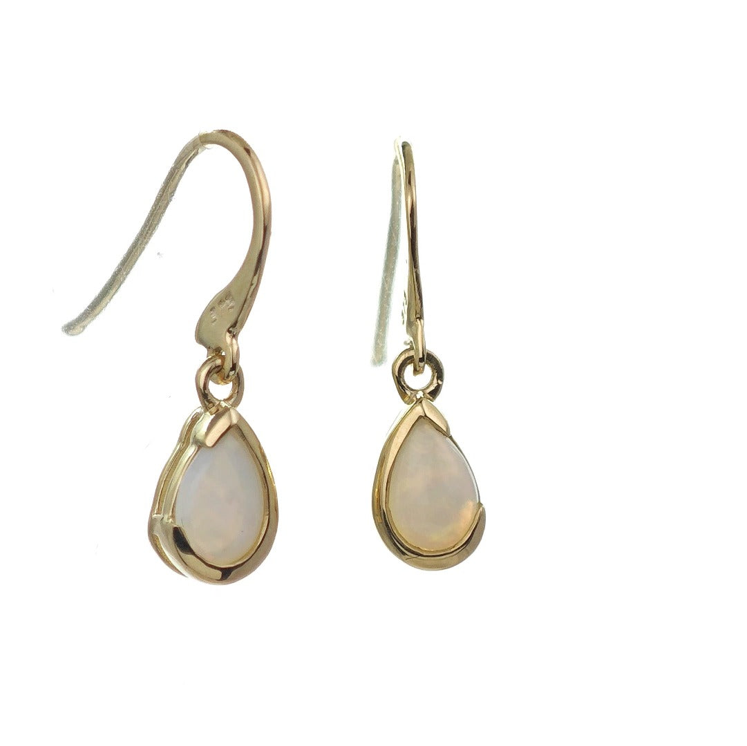 9ct Opal Dangle Earrings Yellow Gold Handmade Natural White Opulescent Gemstones
