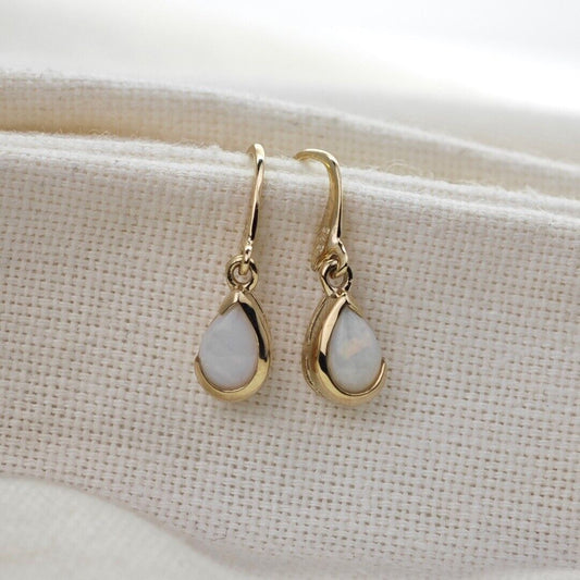 9ct Opal Dangle Earrings Yellow Gold Handmade Natural White Opulescent Gemstones