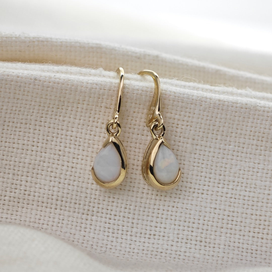 9ct Opal Dangle Earrings Yellow Gold Handmade Natural White Opulescent Gemstones