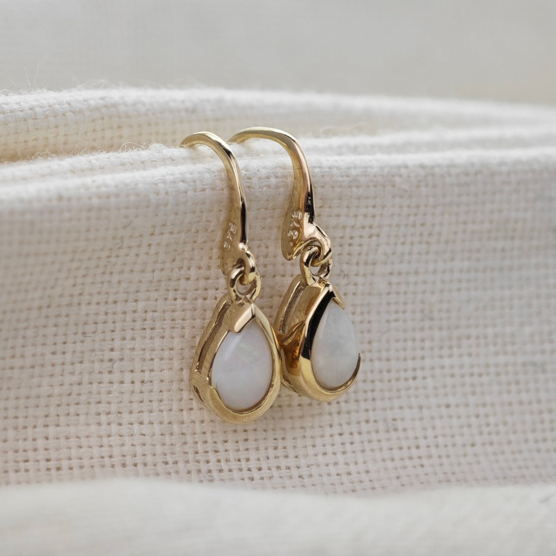 9ct Opal Dangle Earrings Yellow Gold Handmade Natural White Opulescent Gemstones