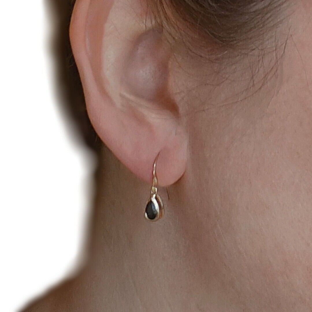 9ct Yellow Gold Sapphire Earrings Natural Inky Blue Gemstone Dangle Handmade