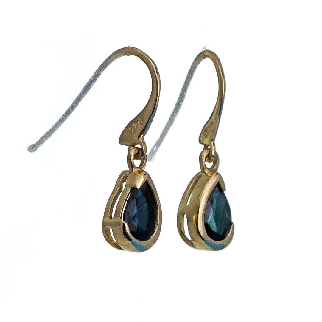 9ct Yellow Gold Sapphire Earrings Natural Inky Blue Gemstone Dangle Handmade