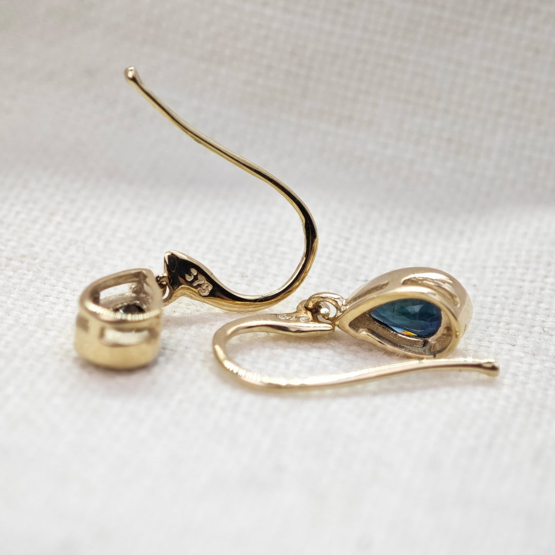 9ct Yellow Gold Sapphire Earrings Natural Inky Blue Gemstone Dangle Handmade