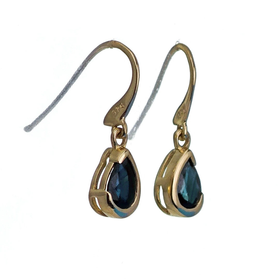 9ct Yellow Gold Sapphire Earrings Natural Inky Blue Gemstone Dangle Handmade