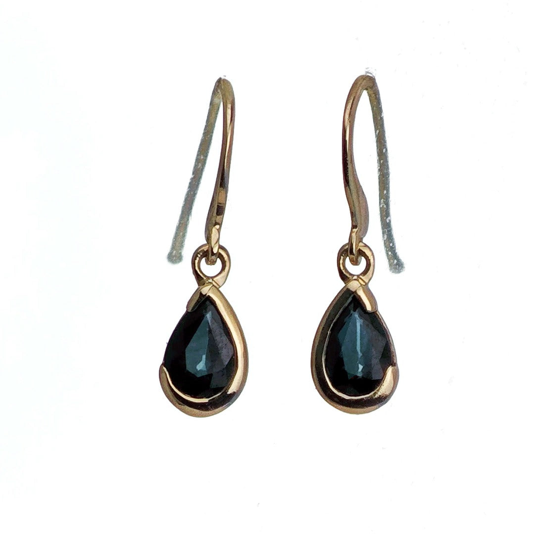 9ct Yellow Gold Sapphire Earrings Natural Inky Blue Gemstone Dangle Handmade