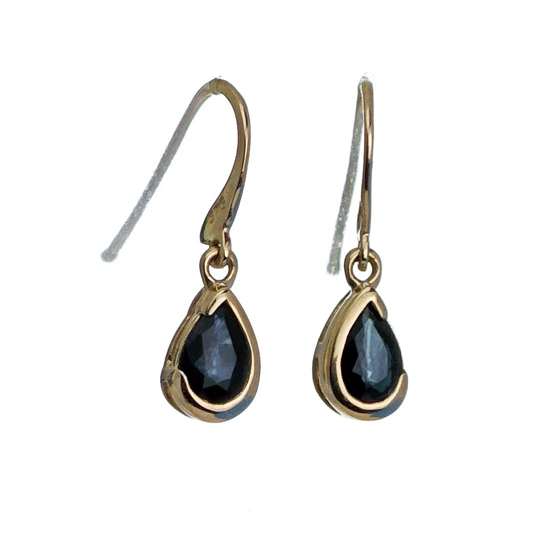 9ct Yellow Gold Sapphire Earrings Natural Inky Blue Gemstone Dangle Handmade