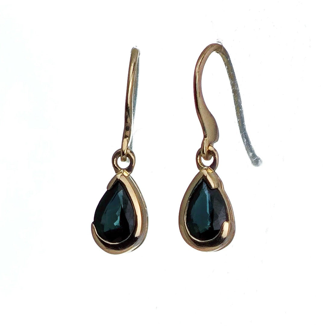 9ct Yellow Gold Sapphire Earrings Natural Inky Blue Gemstone Dangle Handmade