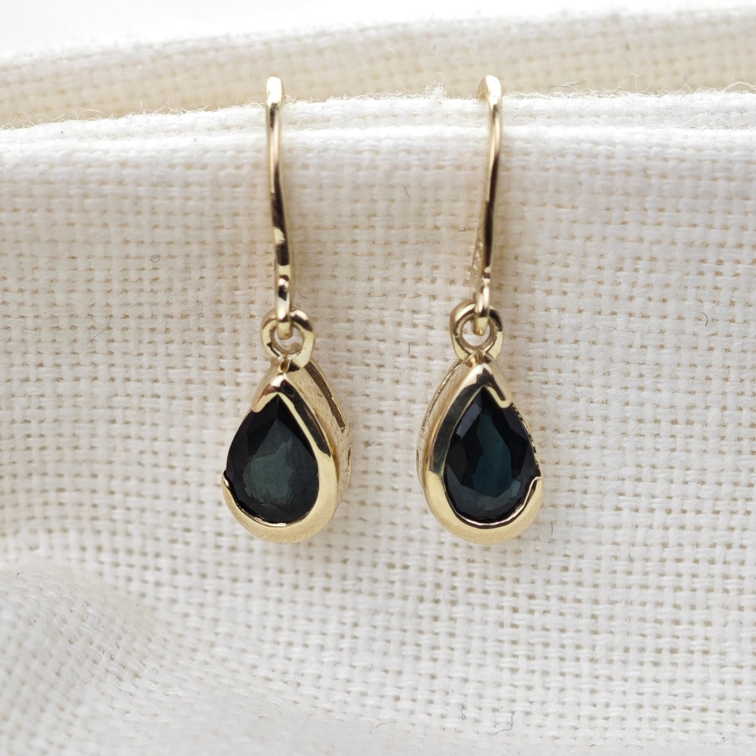 9ct Yellow Gold Sapphire Earrings Natural Inky Blue Gemstone Dangle Handmade