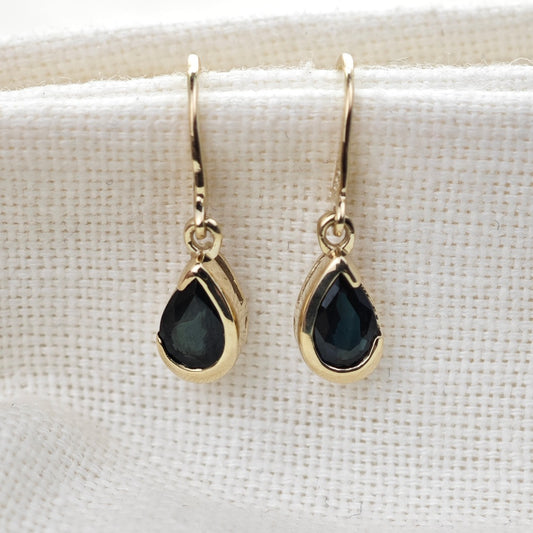 9ct Yellow Gold Sapphire Earrings Natural Inky Blue Gemstone Dangle Handmade