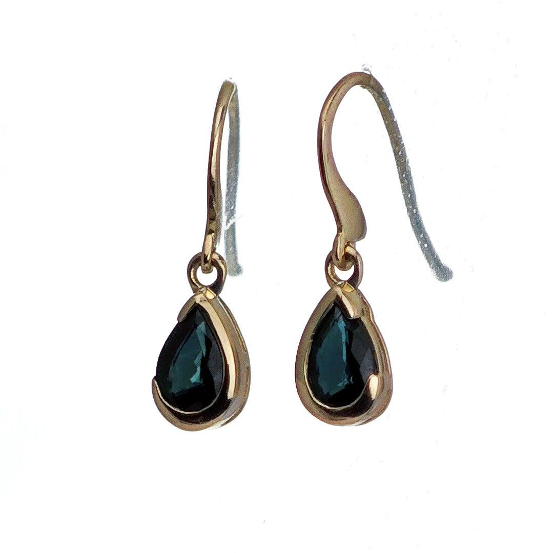 9ct Yellow Gold Sapphire Earrings Natural Inky Blue Gemstone Dangle Handmade