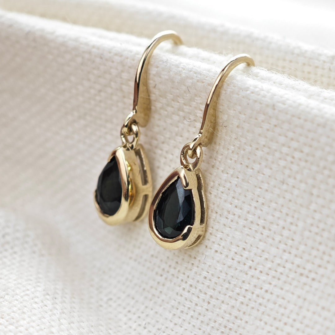 9ct Yellow Gold Sapphire Earrings Natural Inky Blue Gemstone Dangle Handmade