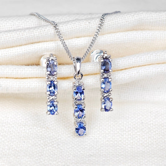 Tanzanite Necklace and stud earrings Set with Diamonds