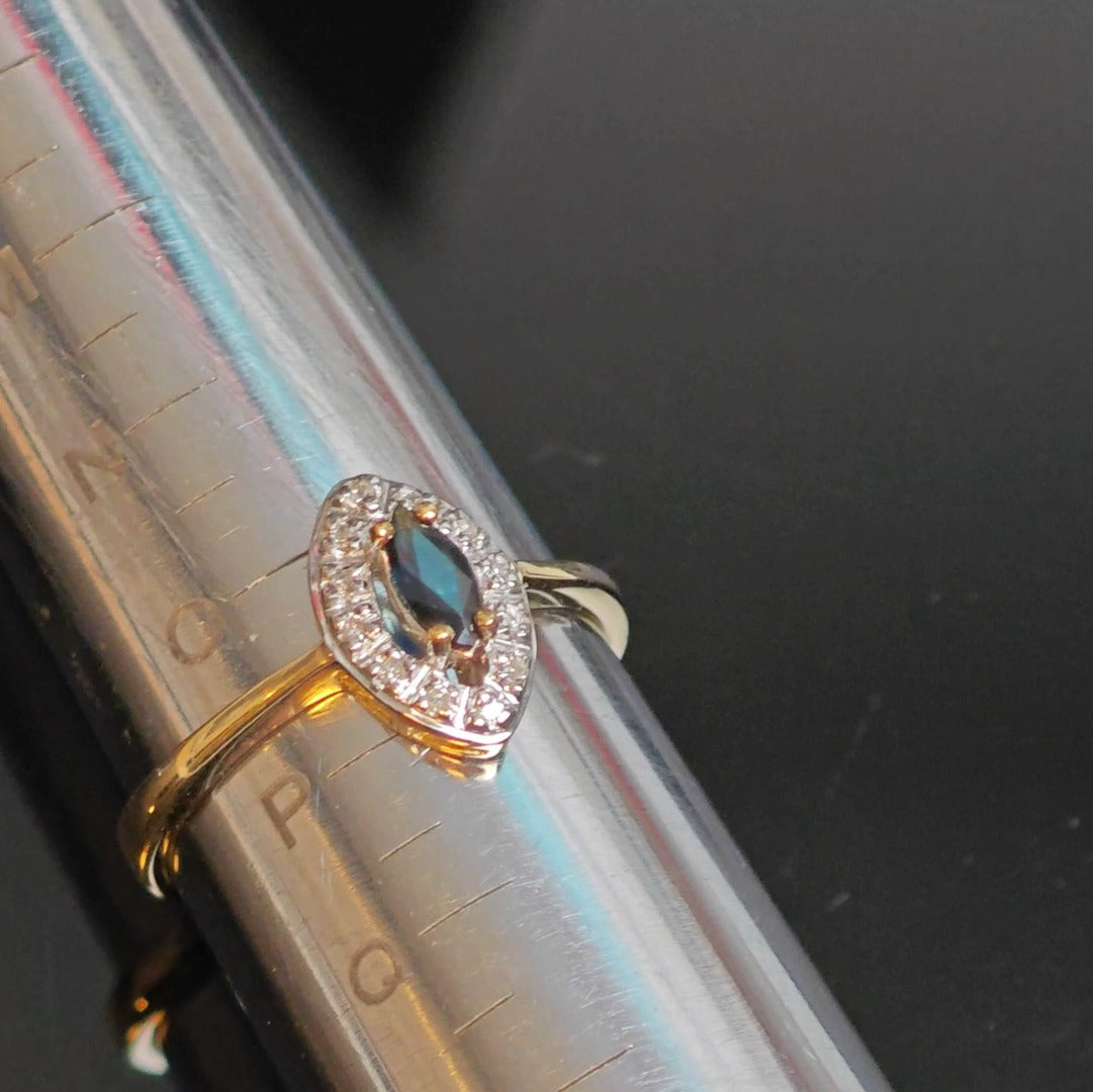 9ct Sapphire Ring Size O.5 Diamond Yellow Gold 0.26ct Blue Marquise Gemstone