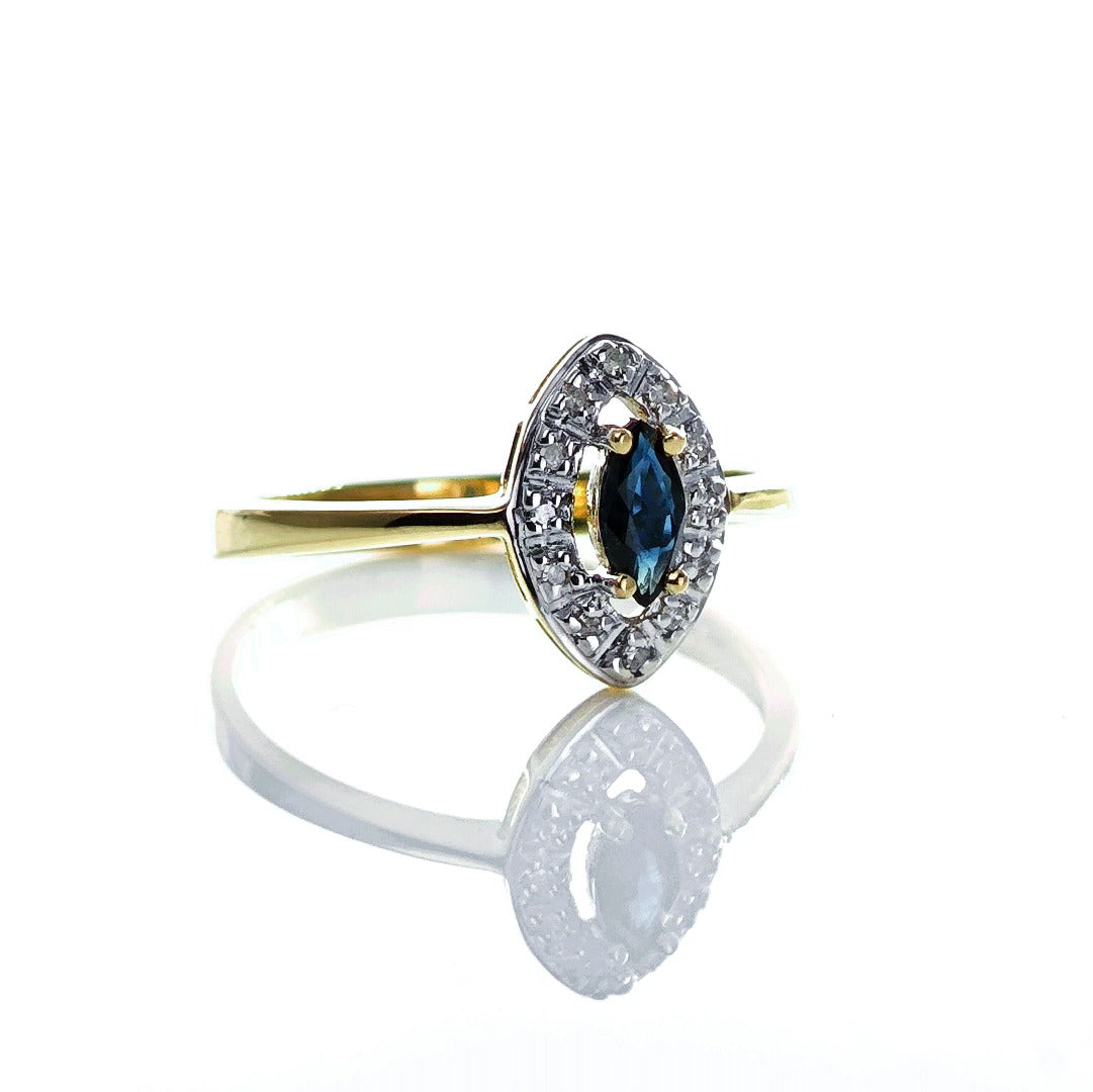 9ct Sapphire Ring Size O.5 Diamond Yellow Gold 0.26ct Blue Marquise Gemstone