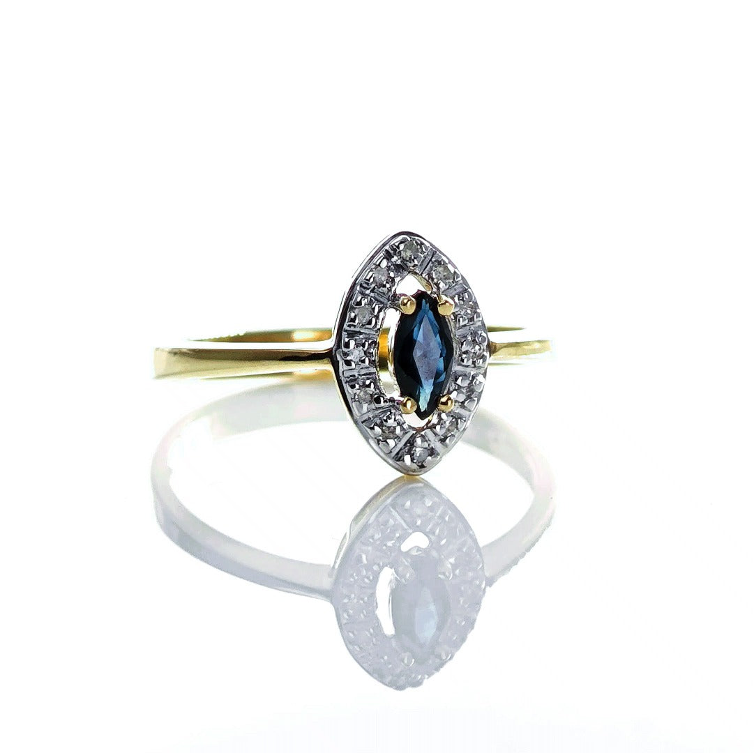 9ct Sapphire Ring Size O.5 Diamond Yellow Gold 0.26ct Blue Marquise Gemstone