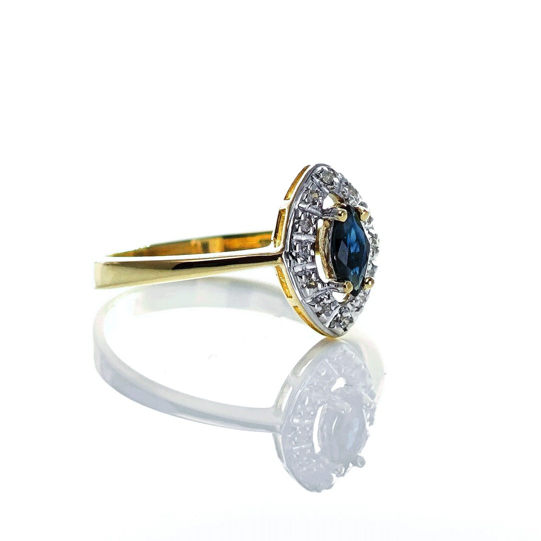9ct Sapphire Ring Size O.5 Diamond Yellow Gold 0.26ct Blue Marquise Gemstone