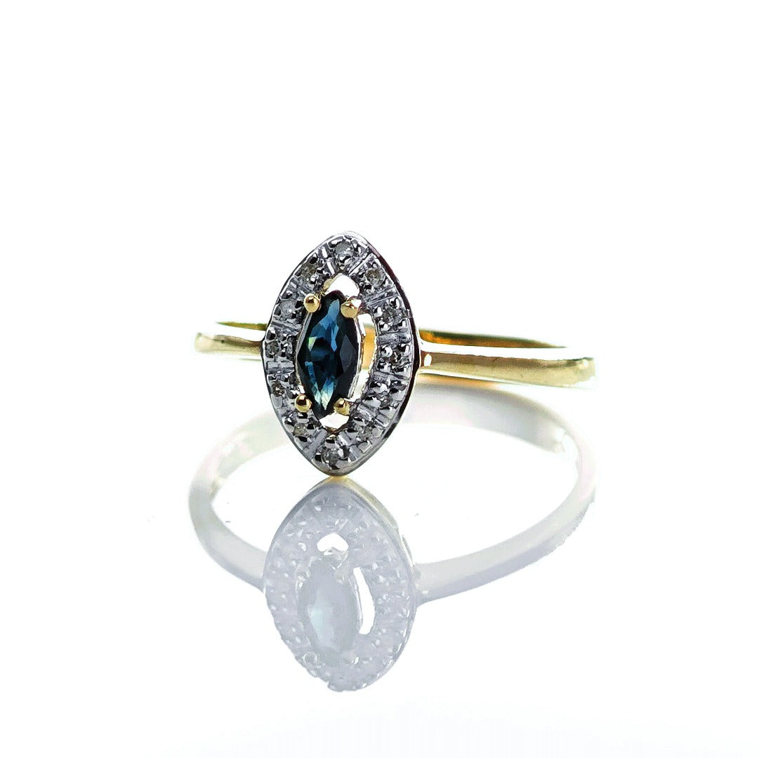 9ct Sapphire Ring Size O.5 Diamond Yellow Gold 0.26ct Blue Marquise Gemstone