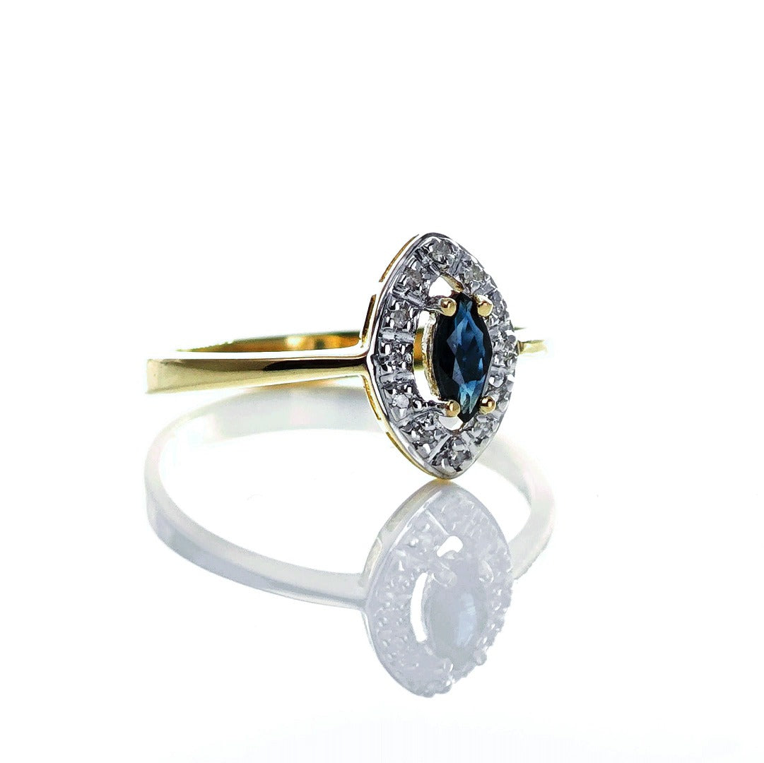 9ct Sapphire Ring Size O.5 Diamond Yellow Gold 0.26ct Blue Marquise Gemstone