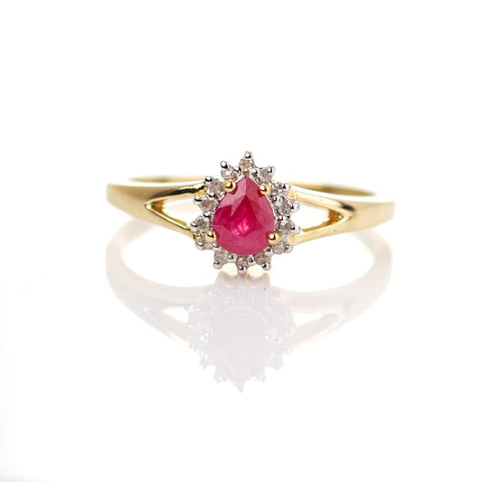 9ct Ruby Ring Size O.5 Diamond Yellow Gold 0.42ct Red Pear Gemstone