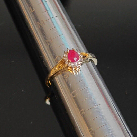 9ct Ruby Ring Size O.5 Diamond Yellow Gold 0.42ct Red Pear Gemstone