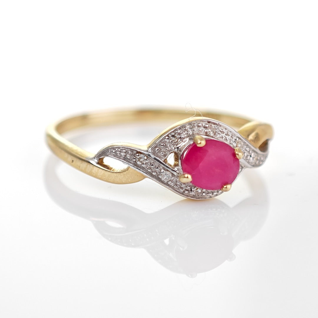 9ct Ruby Ring Size P.5 Diamond Yellow Gold 0.45ct Red Oval Gemstone