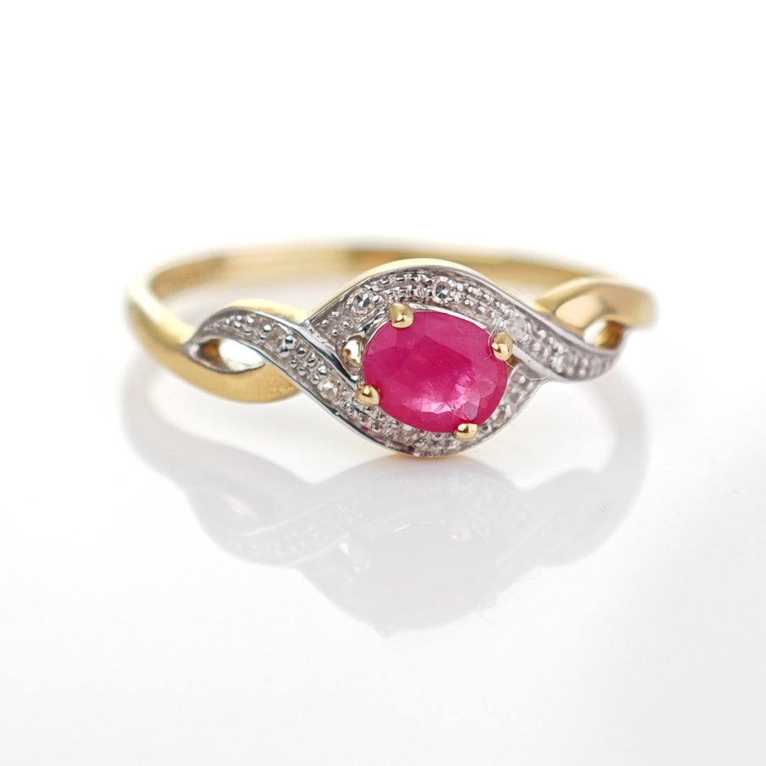 9ct Ruby Ring Size P.5 Diamond Yellow Gold 0.45ct Red Oval Gemstone