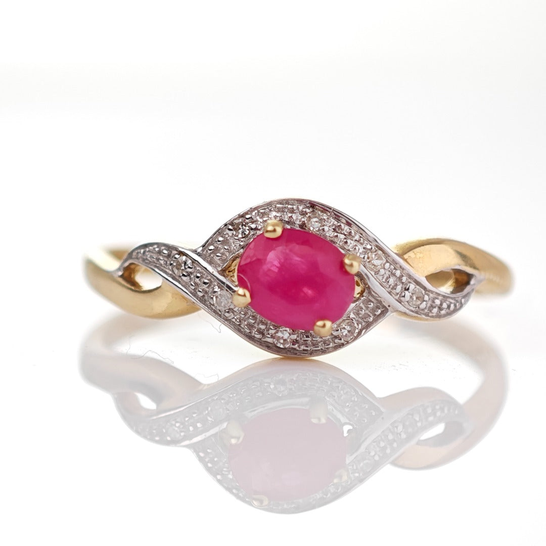 9ct Ruby Ring Size P.5 Diamond Yellow Gold 0.45ct Red Oval Gemstone