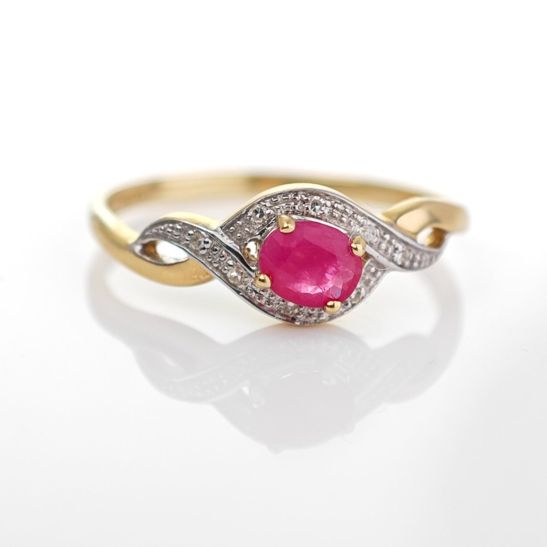 9ct Ruby Ring Size P.5 Diamond Yellow Gold 0.45ct Red Oval Gemstone