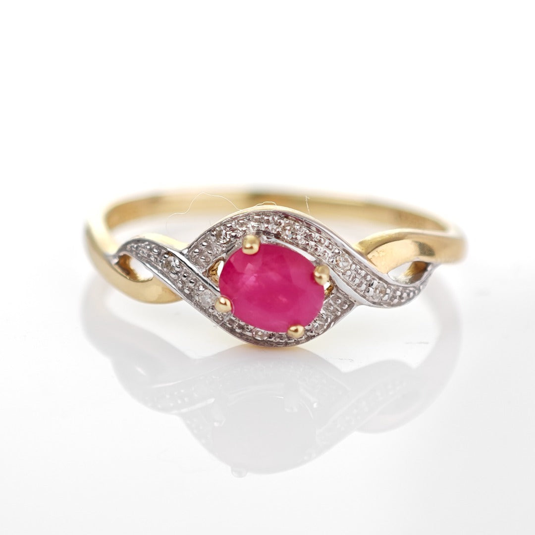 9ct Ruby Ring Size P.5 Diamond Yellow Gold 0.45ct Red Oval Gemstone