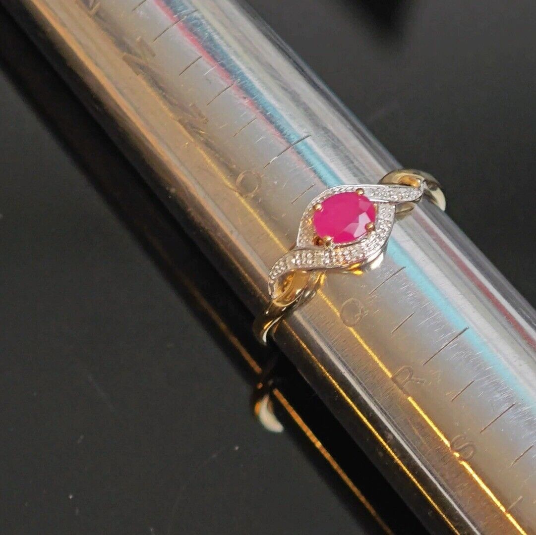9ct Ruby Ring Size P.5 Diamond Yellow Gold 0.45ct Red Oval Gemstone