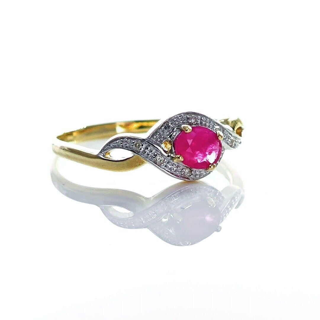 9ct Ruby Ring Size P.5 Diamond Yellow Gold 0.45ct Red Oval Gemstone