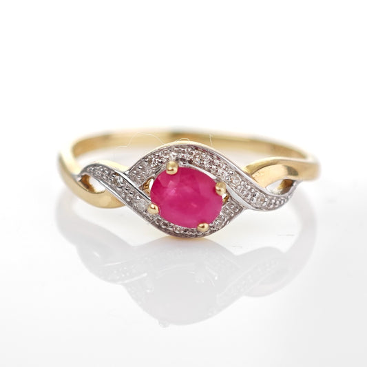 9ct Ruby Ring Size P.5 Diamond Yellow Gold 0.45ct Red Oval Gemstone