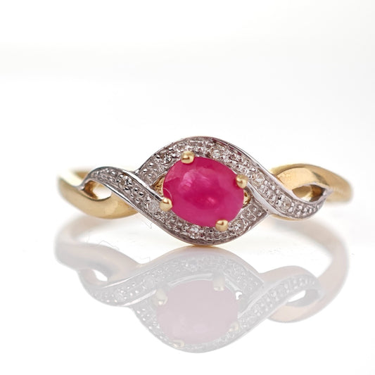 9ct Ruby Ring Size P.5 Diamond Yellow Gold 0.45ct Red Oval Gemstone