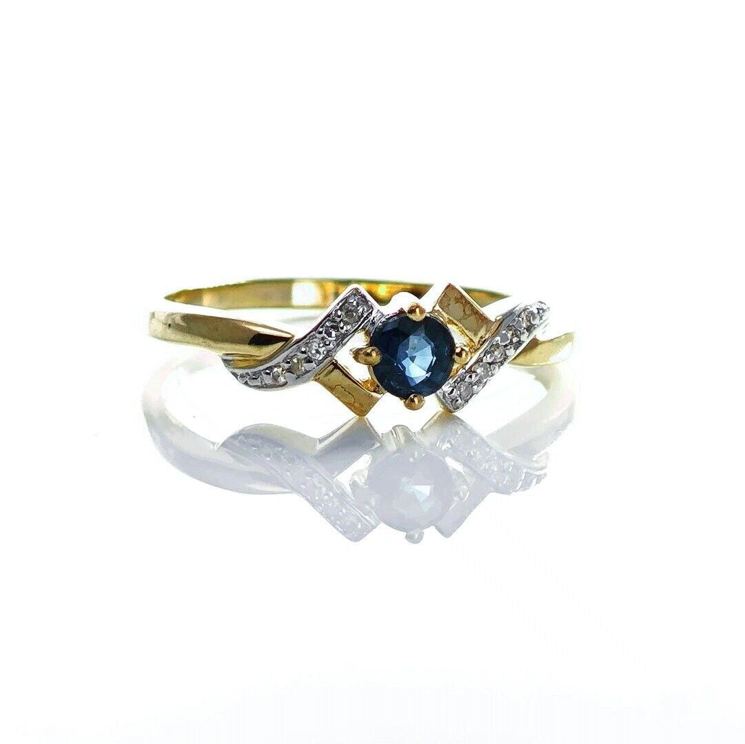 9ct Sapphire Ring Size O.5 Diamond Yellow Gold 0.33ct Blue Round Gemstone