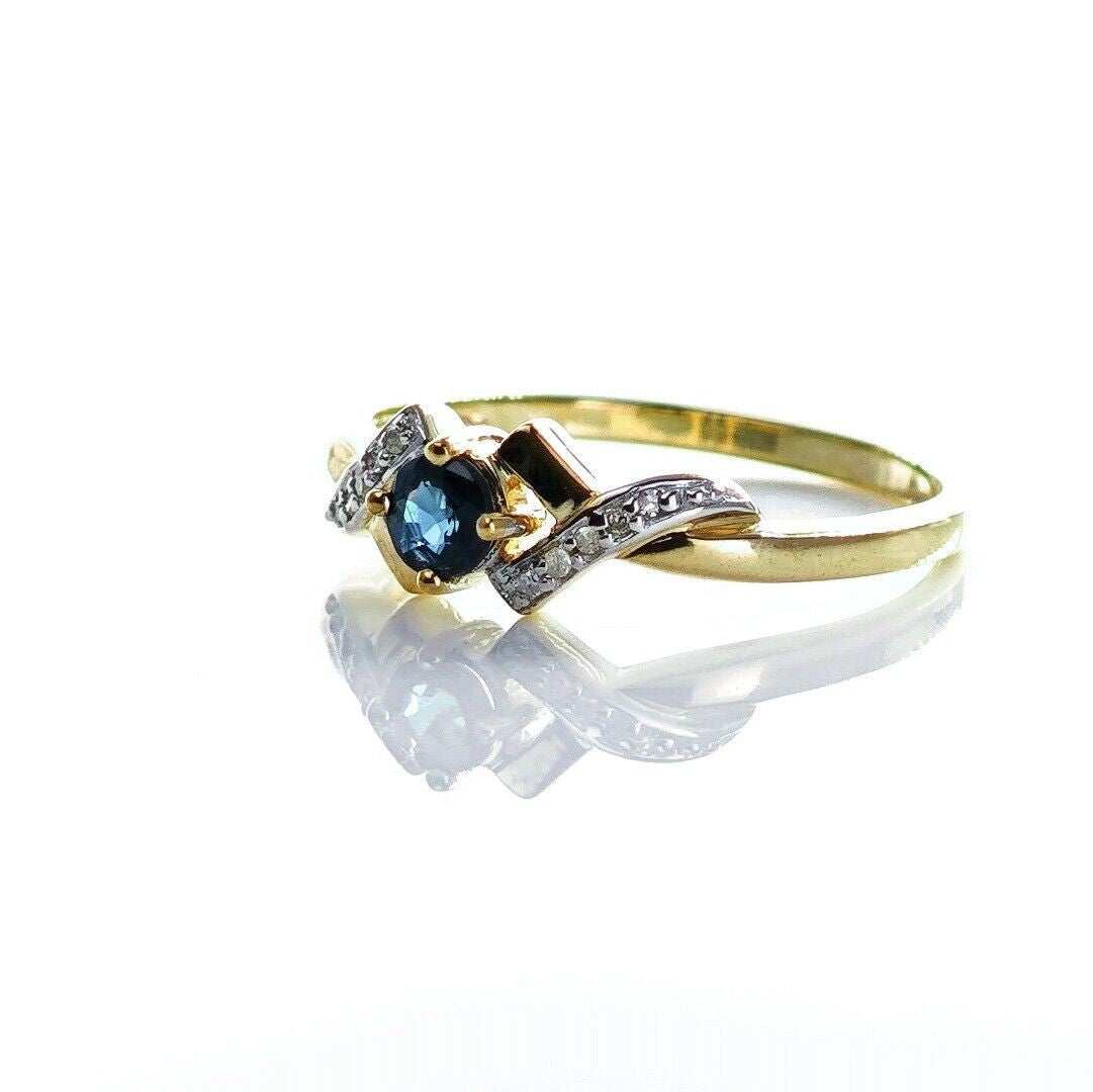 9ct Sapphire Ring Size O.5 Diamond Yellow Gold 0.33ct Blue Round Gemstone