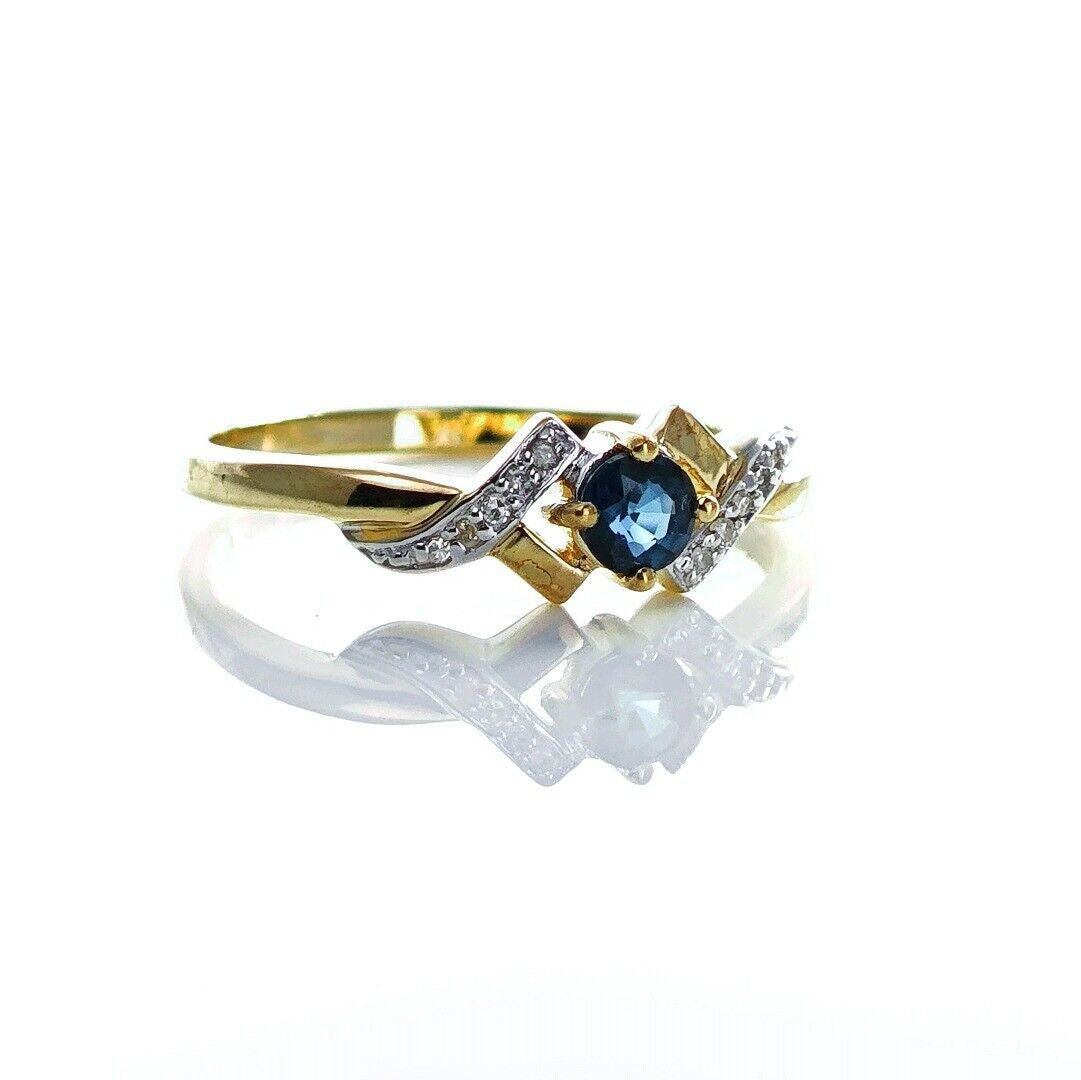 9ct Sapphire Ring Size O.5 Diamond Yellow Gold 0.33ct Blue Round Gemstone