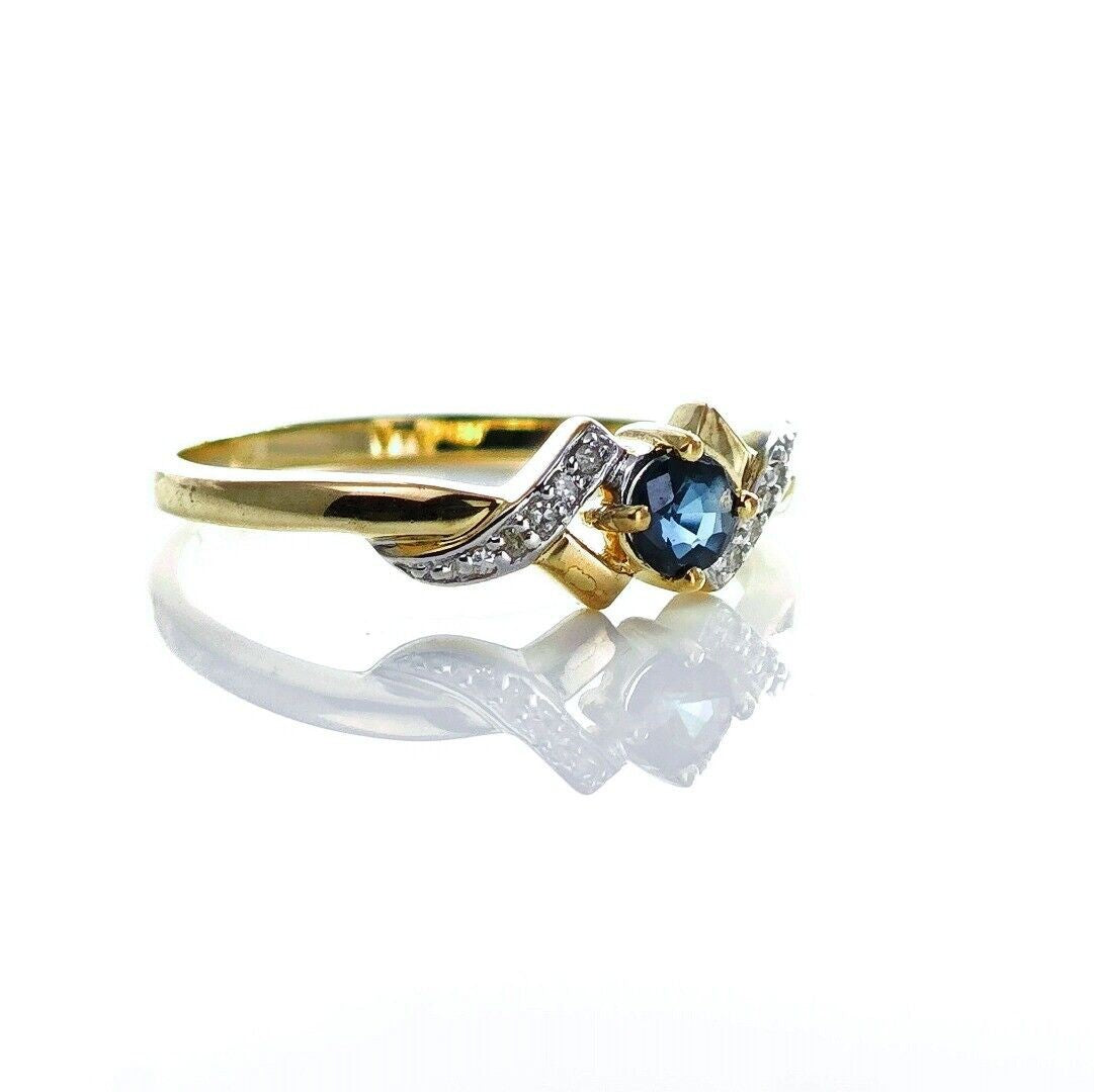 9ct Sapphire Ring Size O.5 Diamond Yellow Gold 0.33ct Blue Round Gemstone