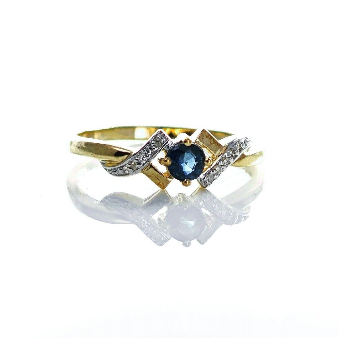 9ct Sapphire Ring Size O.5 Diamond Yellow Gold 0.33ct Blue Round Gemstone