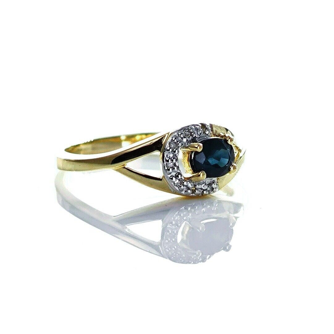 9ct Sapphire Ring Size N Diamond Yellow Gold 0.45ct Blue Oval Gemstone