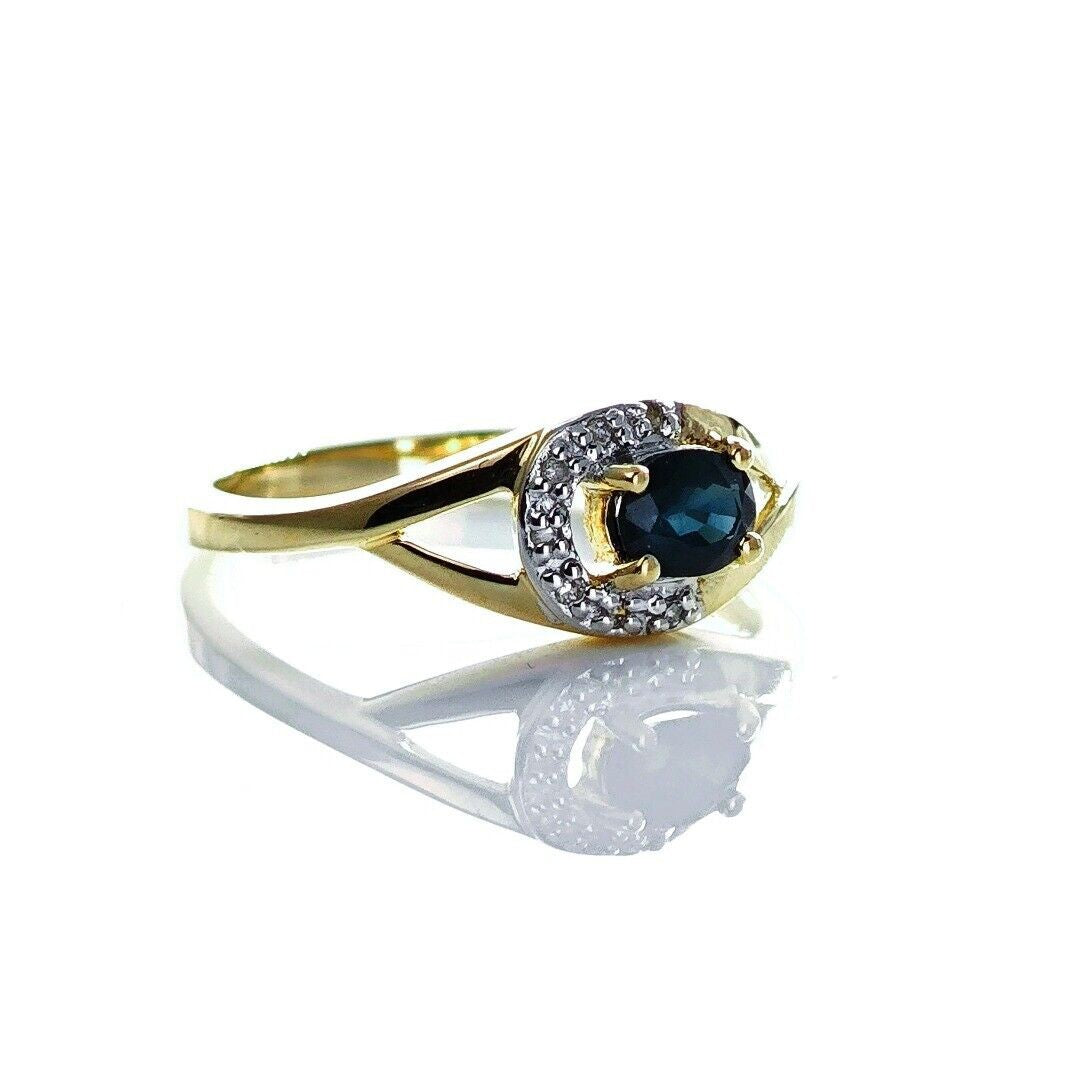 9ct Sapphire Ring Size N Diamond Yellow Gold 0.45ct Blue Oval Gemstone