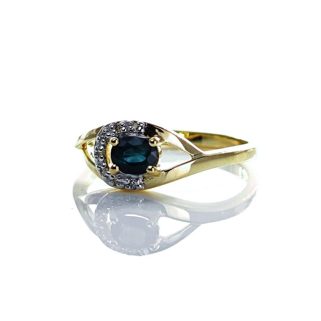 9ct Sapphire Ring Size N Diamond Yellow Gold 0.45ct Blue Oval Gemstone