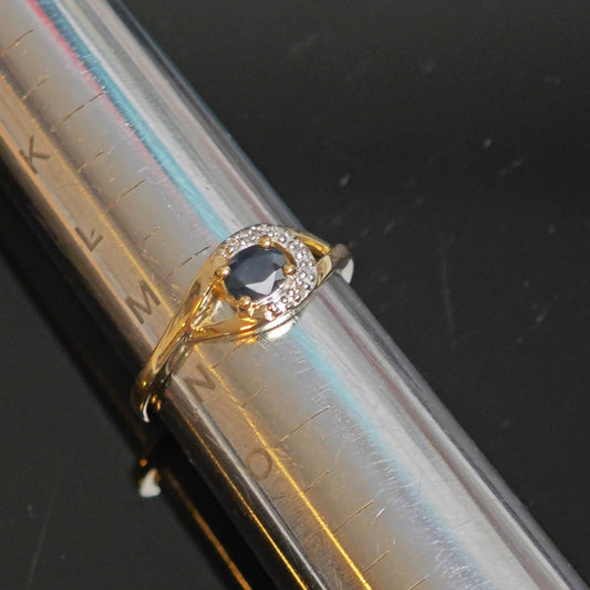 9ct Sapphire Ring Size N Diamond Yellow Gold 0.45ct Blue Oval Gemstone
