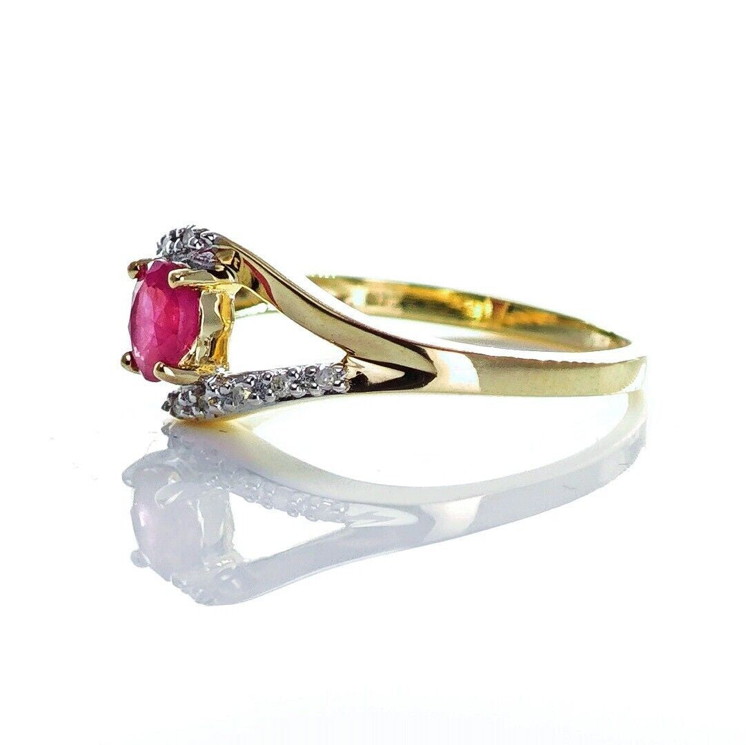 9ct Ruby Ring Size N Diamond Yellow Gold 0.4ct Red Oval Treated Gemstone