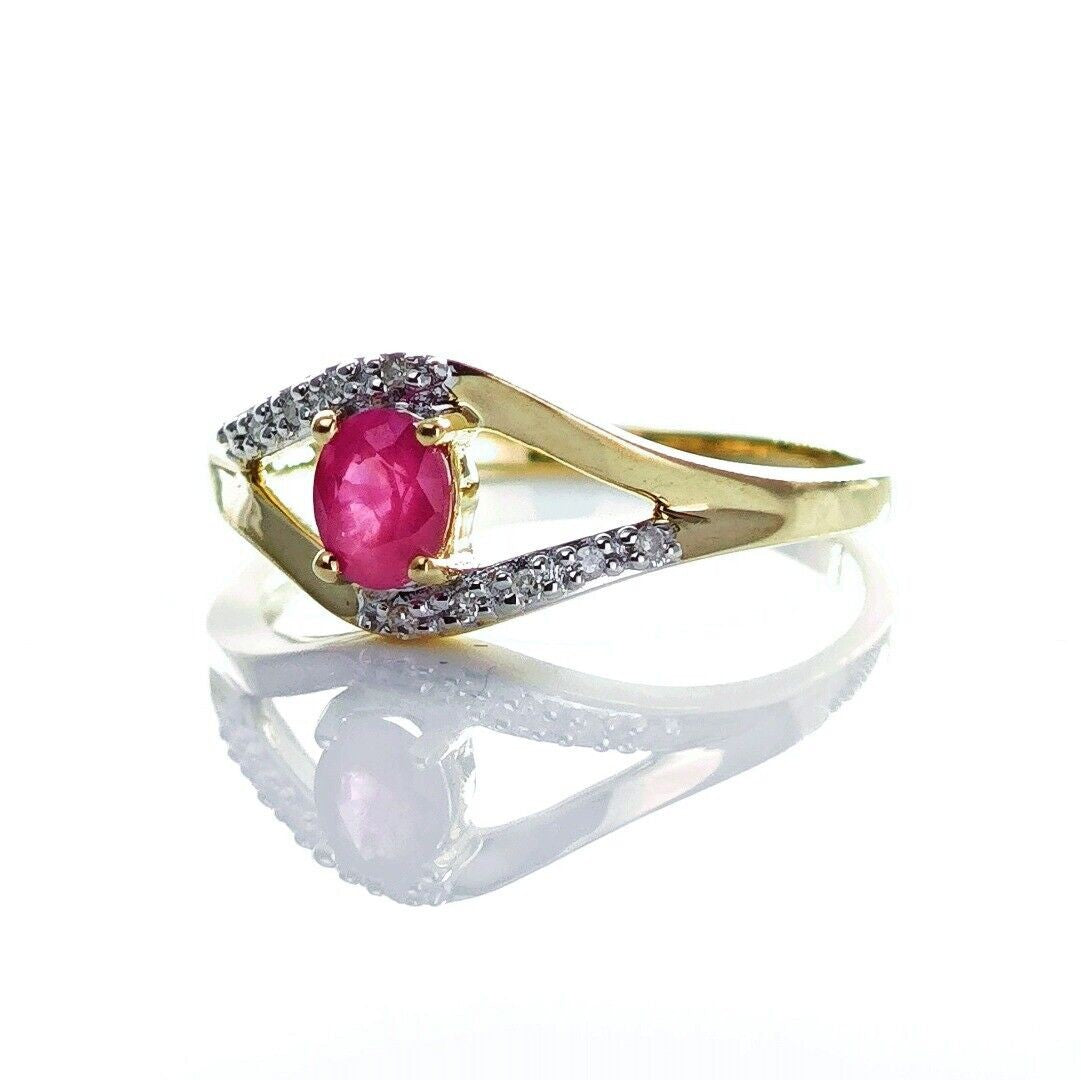 9ct Ruby Ring Size N Diamond Yellow Gold 0.4ct Red Oval Treated Gemstone