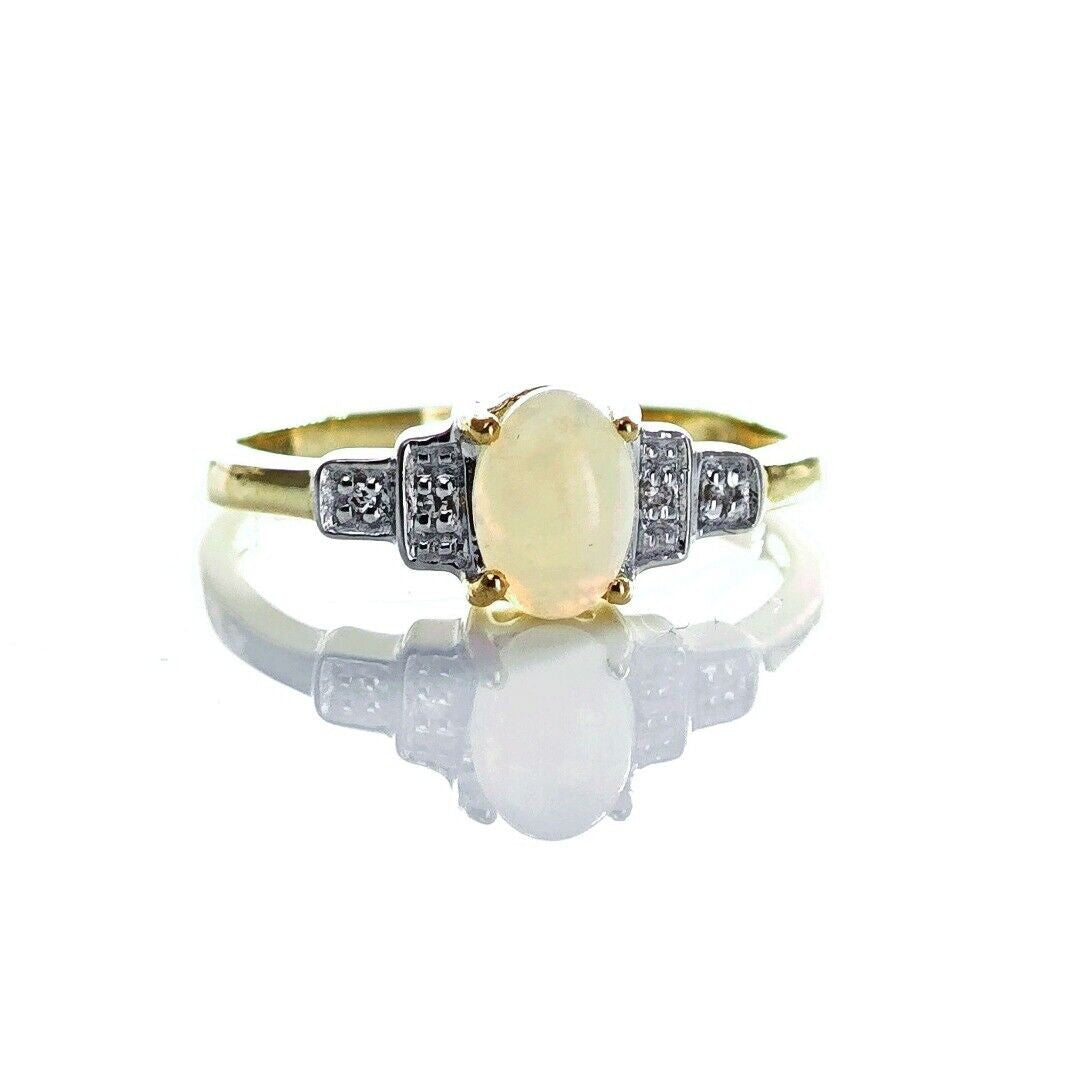 9ct Opal Ring Size M.5 Diamond Yellow Gold 0.33ct White Oval Gemstone