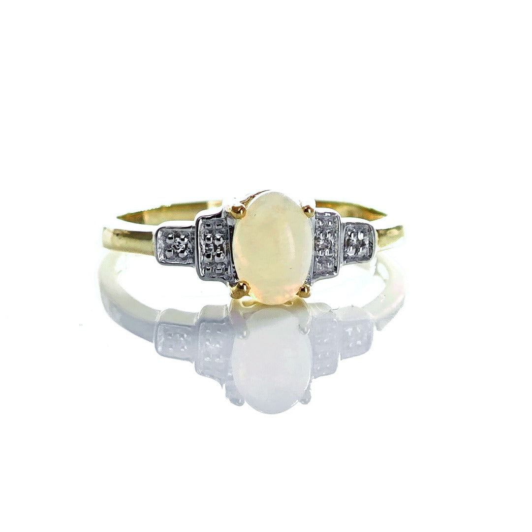 9ct Opal Ring Size M.5 Diamond Yellow Gold 0.33ct White Oval Gemstone