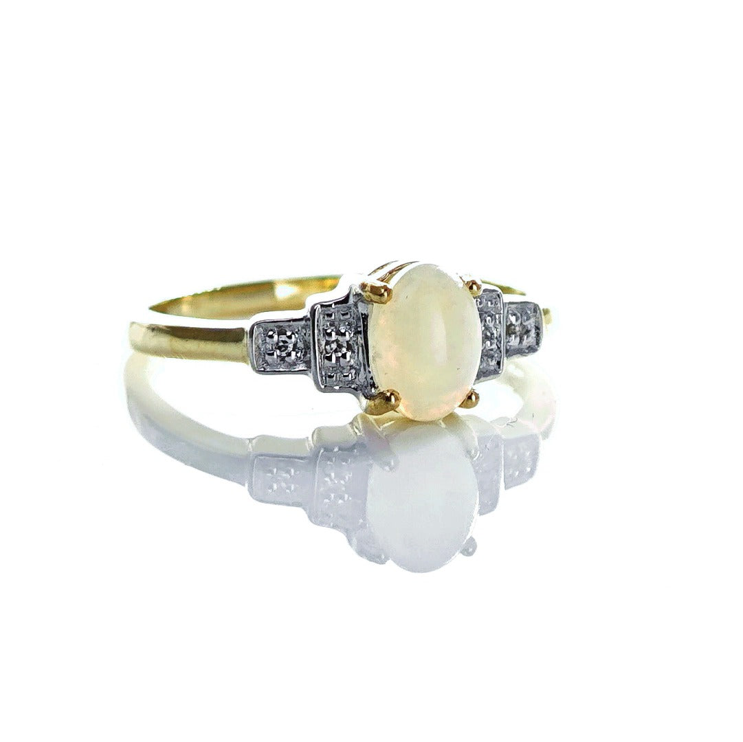 9ct Opal Ring Size M.5 Diamond Yellow Gold 0.33ct White Oval Gemstone